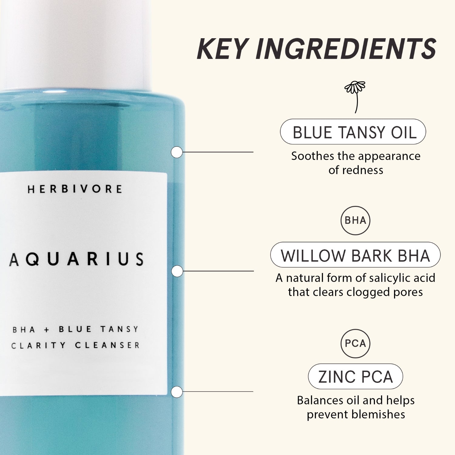 Close-up of Aquarius Cleanser next to list of 3 key ingredients | Blue Tansy Oil, Willow Bark BHA, and Zinc PCA
