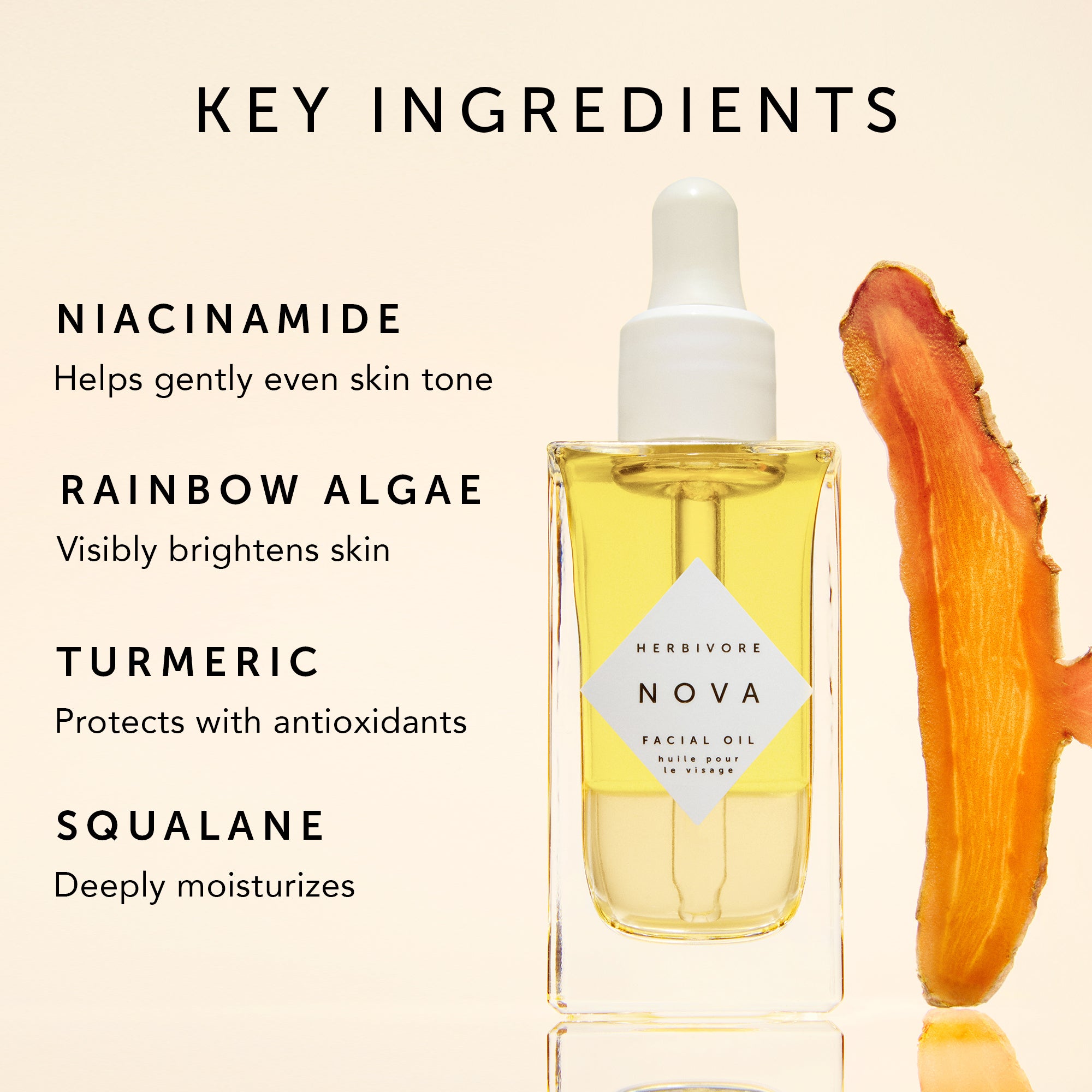 Herbivore Nova facial oil bottle with key ingredients listed on a beige background