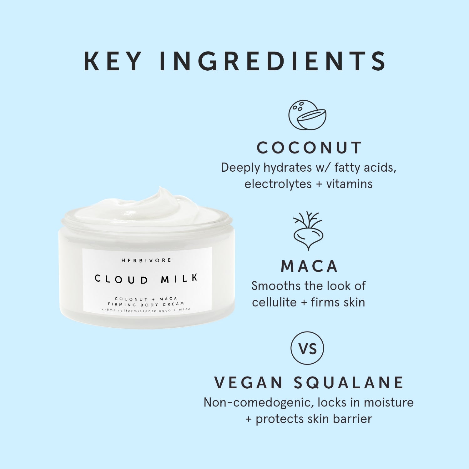 Cloud Milk Body Cream Key Ingredients | Coconut, Maca and Vegan Squalane benefits
