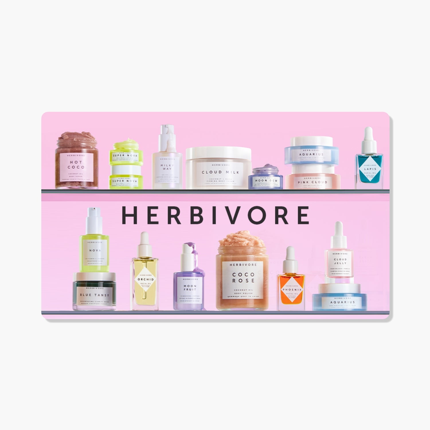 Pink GIft Card featuring shelves of Herbivore product