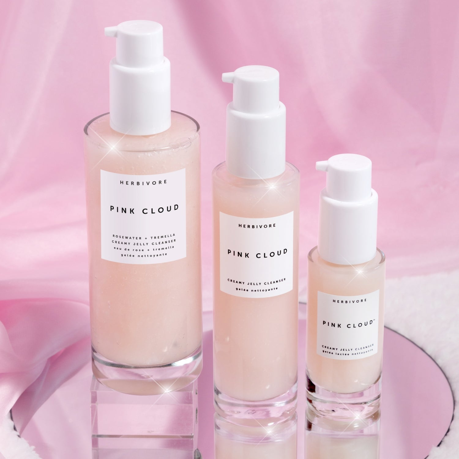 Three sizes of the Pink Cloud Cleanser Collection