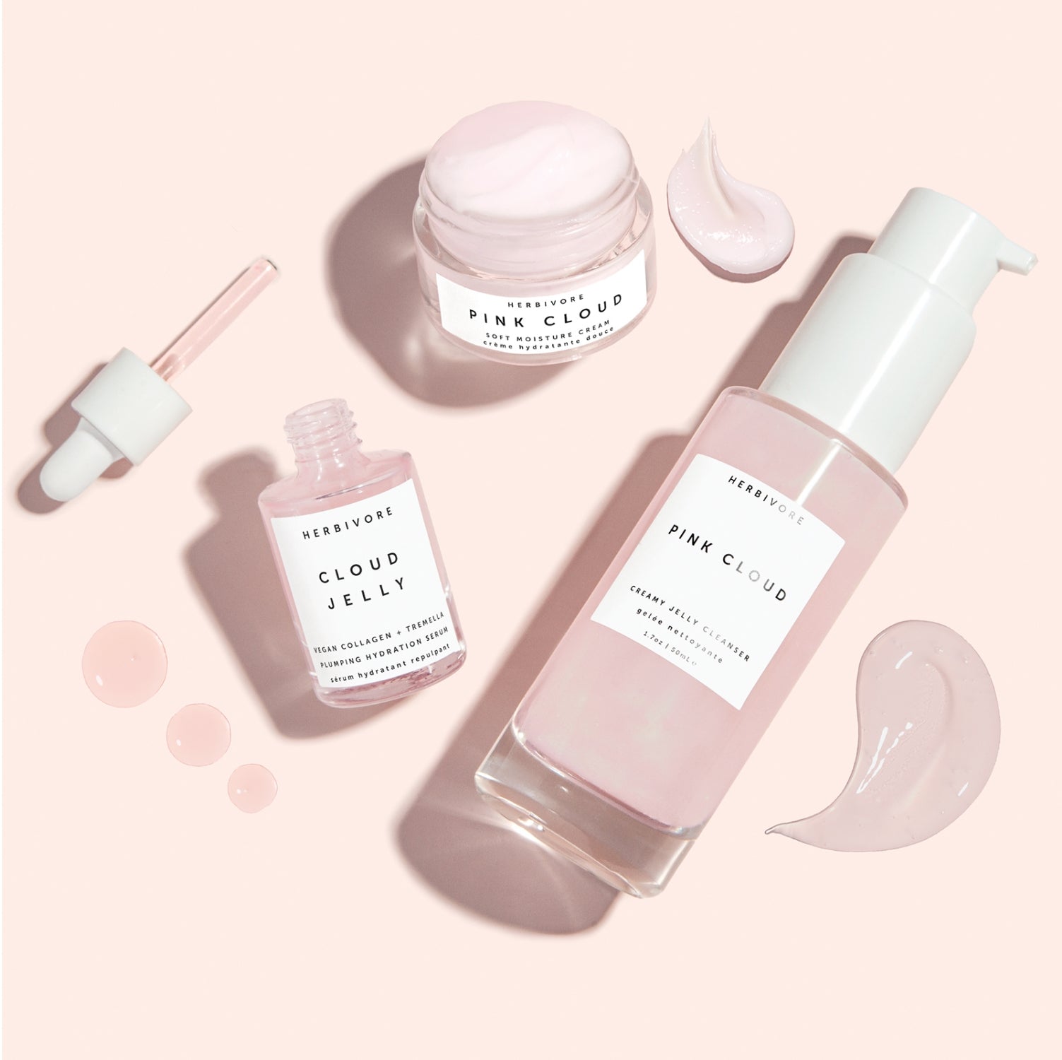 Mini Pink Cloud Cleanser, Cloud Jelly & Pink Cloud Cream on pink background