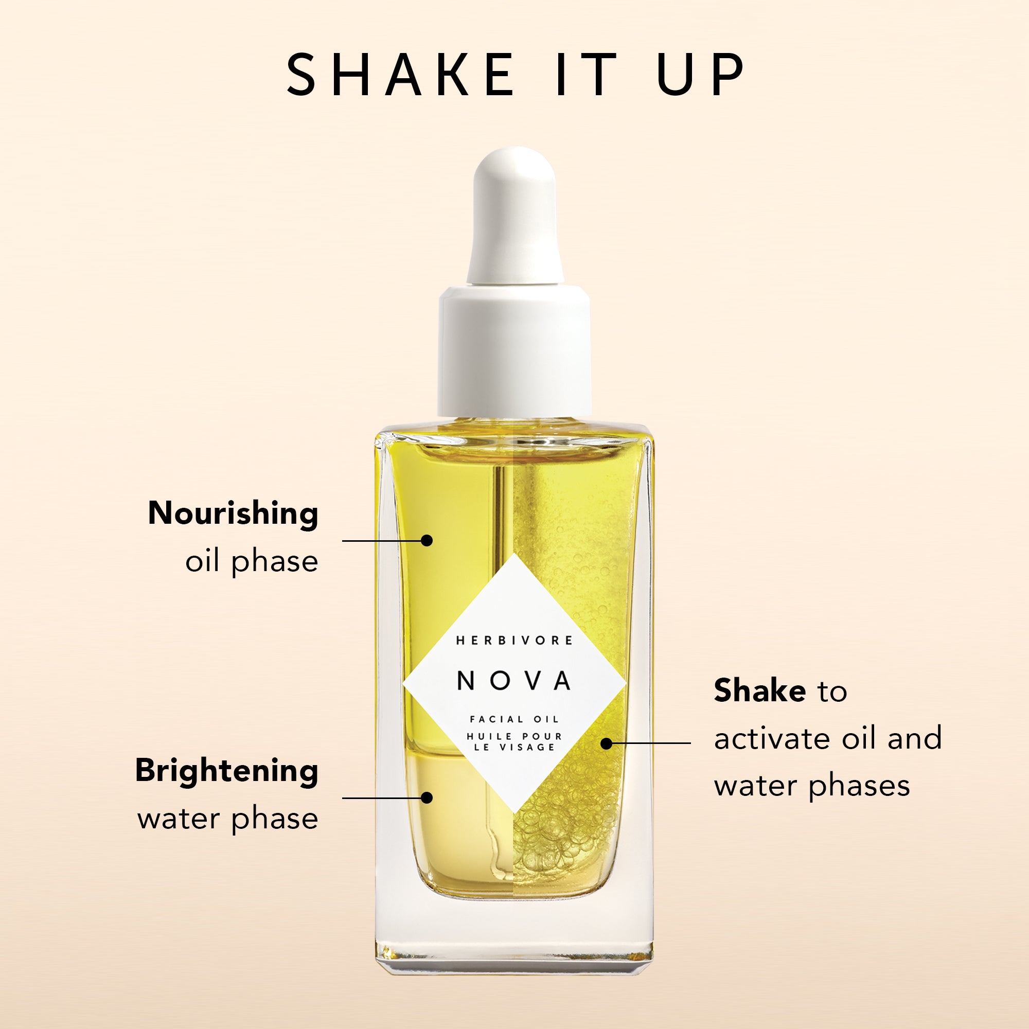 Herbivore Nova facial oil with labeled phases on a beige background
